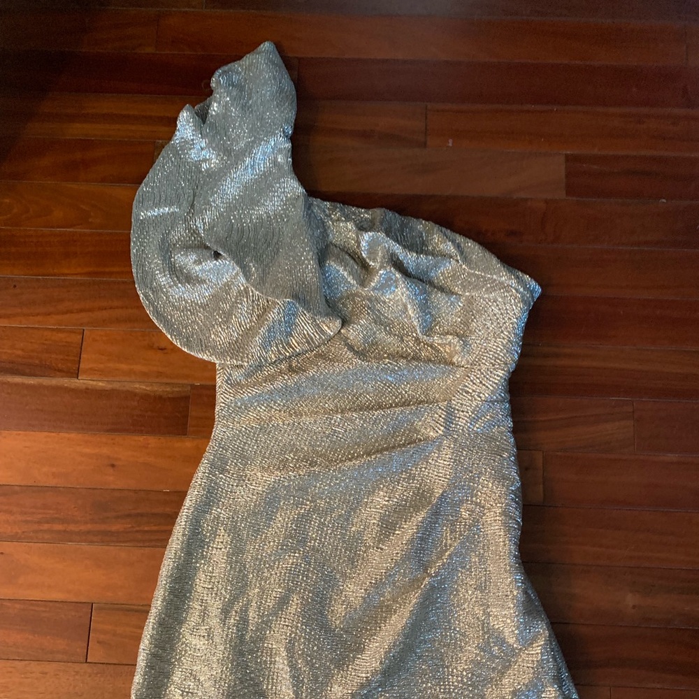 One shoulder silver evening dress